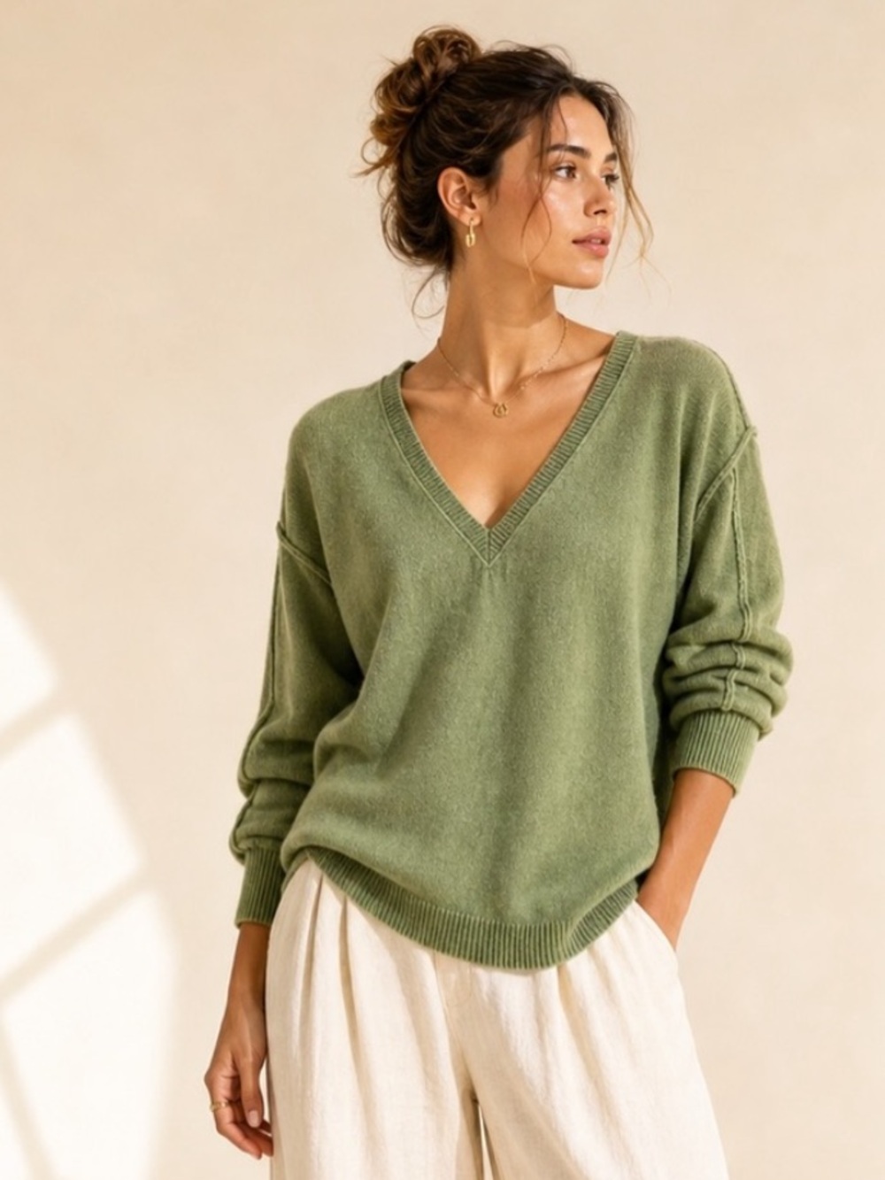 Inhabit Cashmere V Neck Sweater Minimalist Luxe Olive Green Sz S Oversized